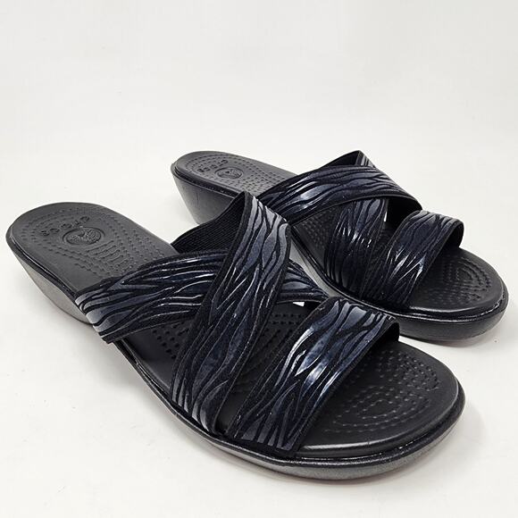 Crocs Sandals Women 8 Molalla II Black Rubber Animal Print Criss Cross Wedge - Picture 1 of 10